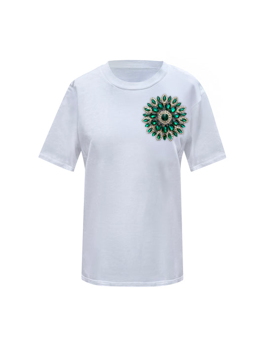 White Cotton T-Shirt With Green Swarovski Crystals