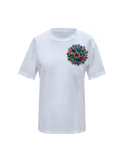 White Cotton T-Shirt With Multi Swarovski Crystals