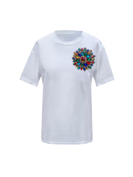 White Cotton T-Shirt With Multi Swarovski Crystals