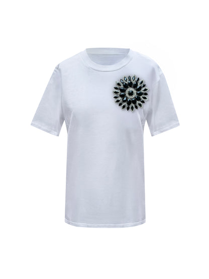 White Cotton T-Shirt With Black Swarovski Crystals