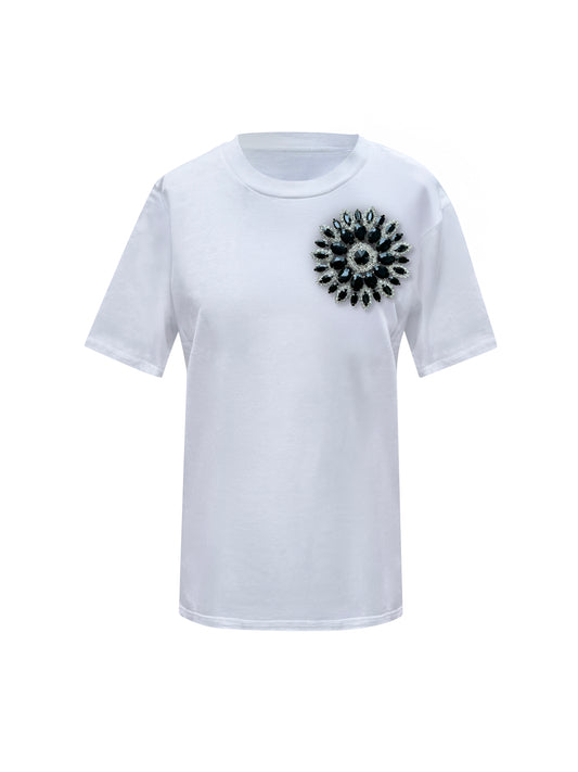 White Cotton T-Shirt With Black Swarovski Crystals