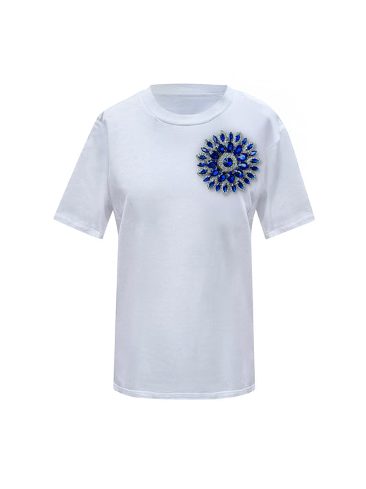 White Cotton T-Shirt With Blue Swarovski Crystals