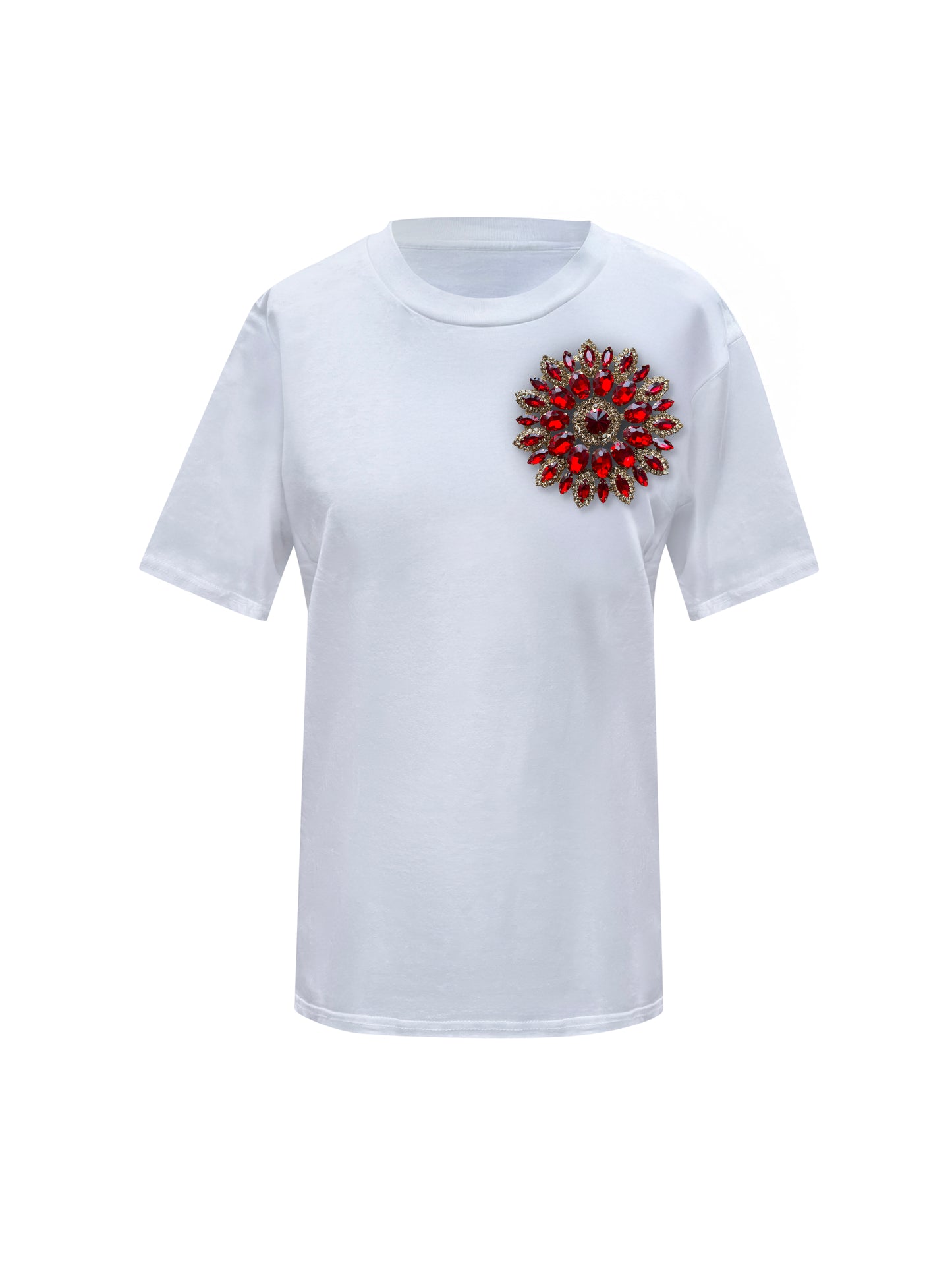 White Cotton T-Shirt With Red Swarovski Crystals
