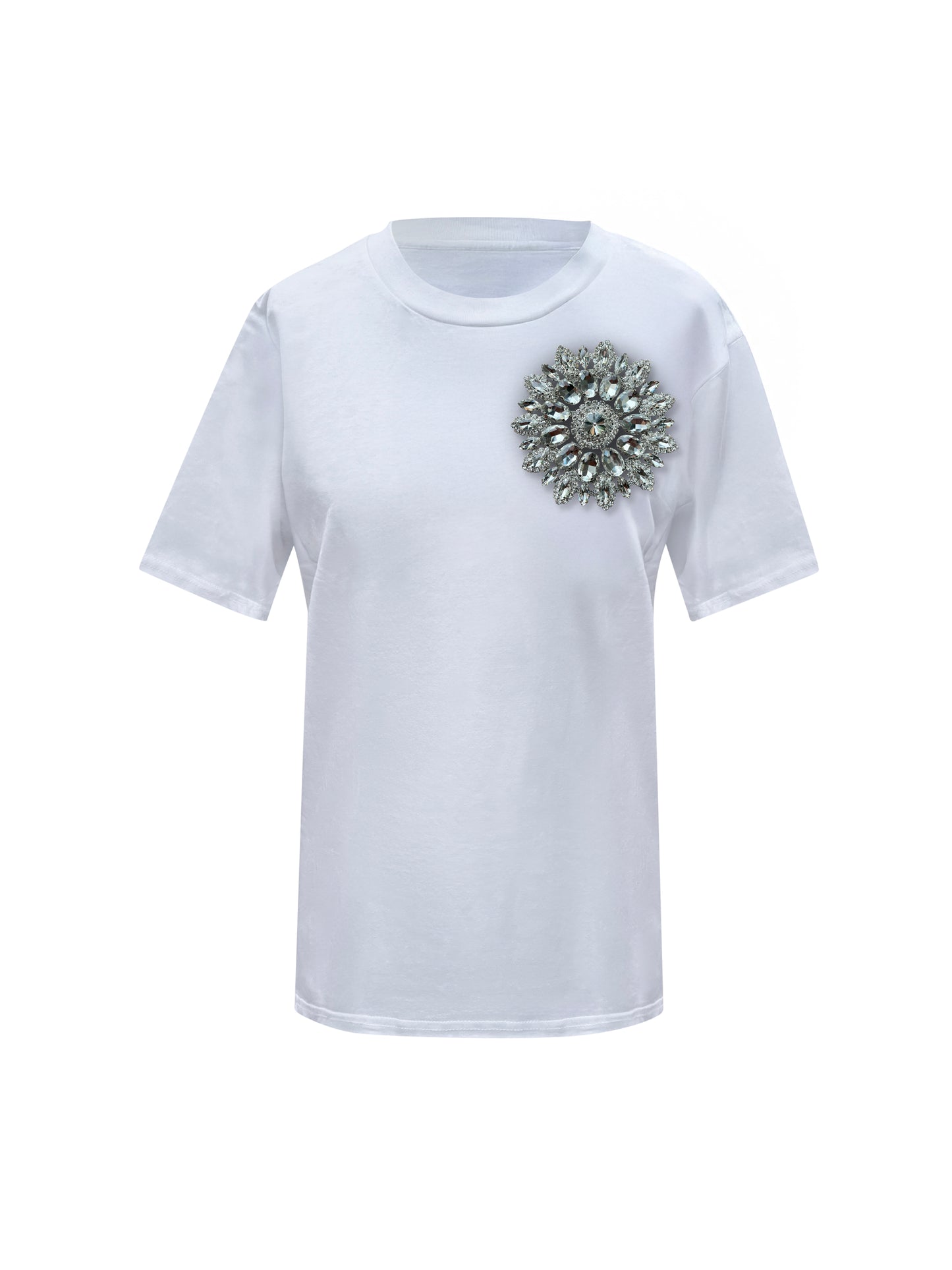 White Cotton T-Shirt With Silver Swarovski Crystals