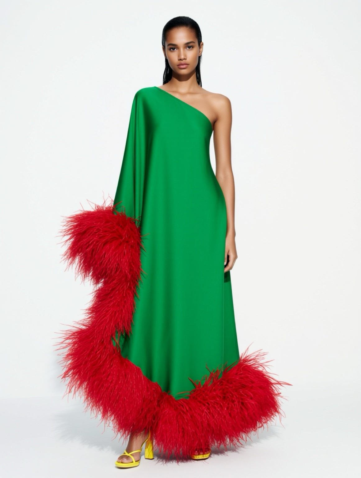 Star Green Dress Red Feathers