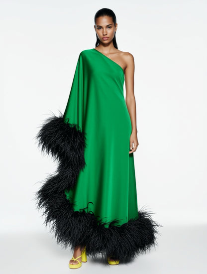 Star Green Dress Black Feathers