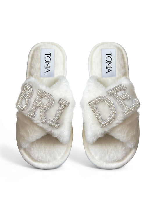 Bridal Faux Fur White Slippers "Bride"