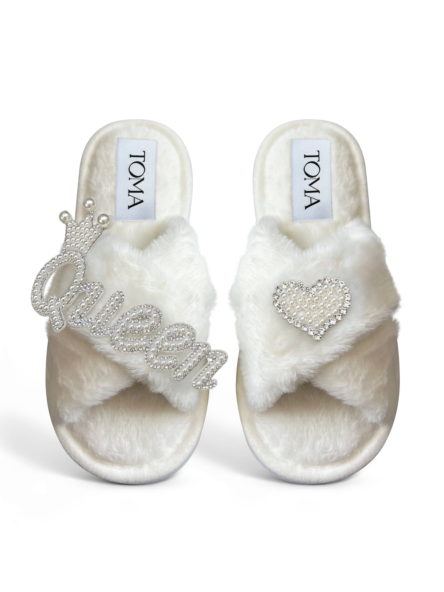 Bridal Faux Fur White Slippers "Queen Heart"