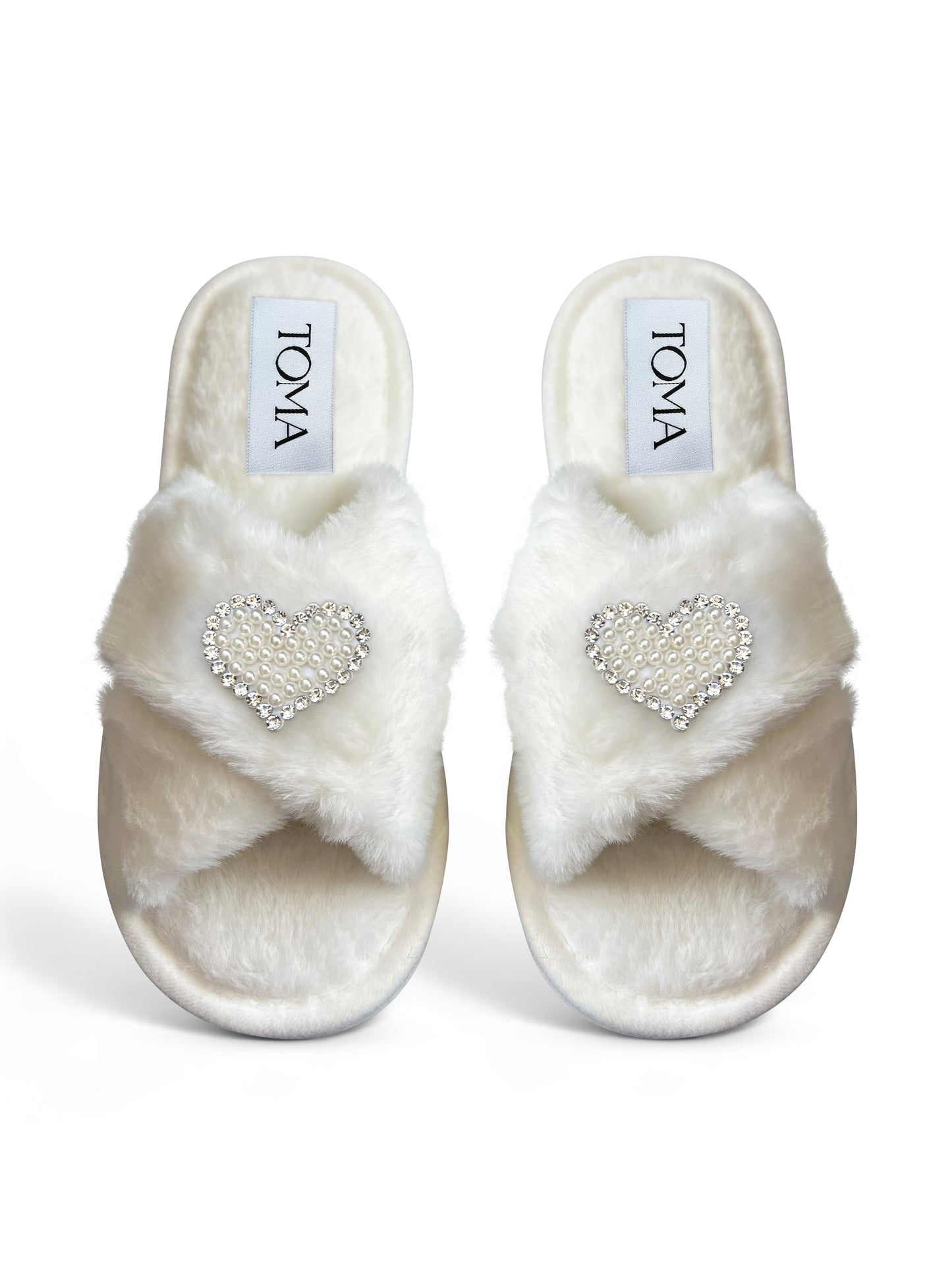 Bridal Faux Fur White Slippers "2 Hearts"