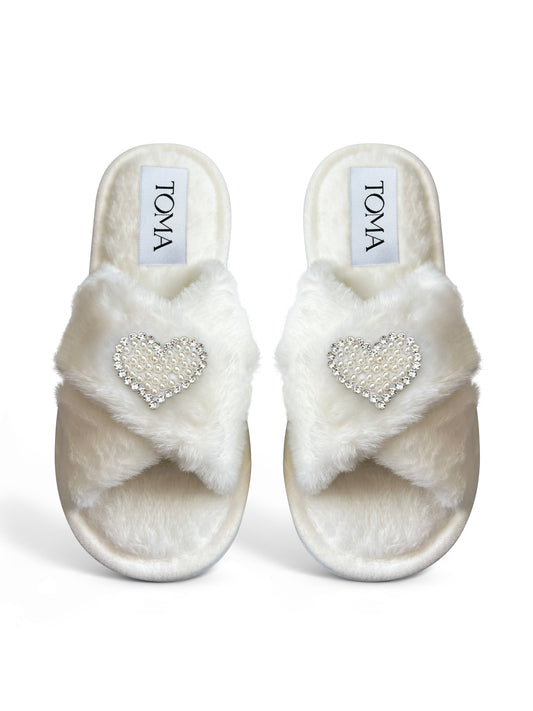 Bridal Faux Fur White Slippers "2 Hearts"