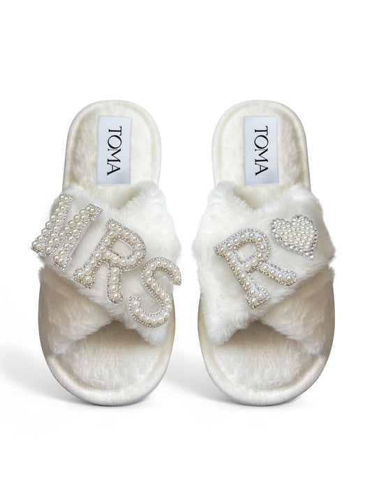 Bridal Faux Fur White Slippers Mrs R