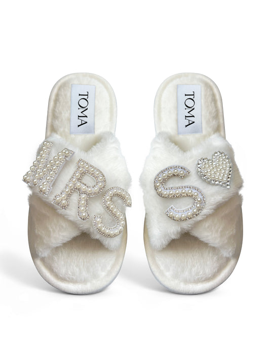 Bridal Faux Fur White Slippers Mrs S