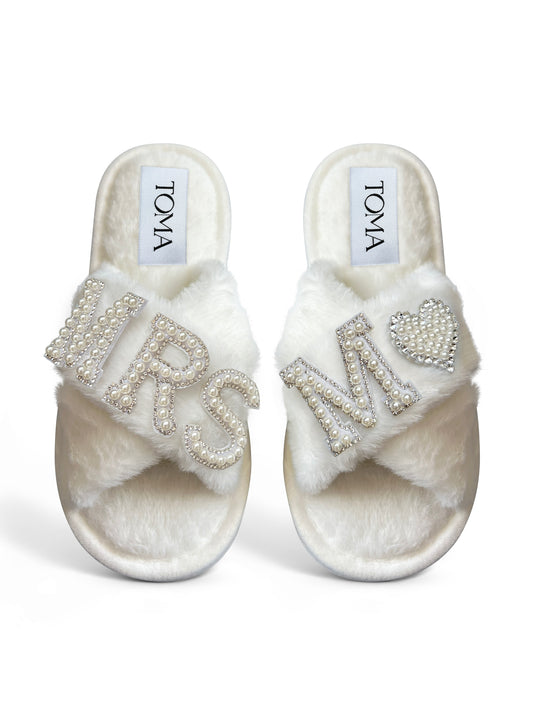 Bridal Faux Fur White Slippers Mrs M