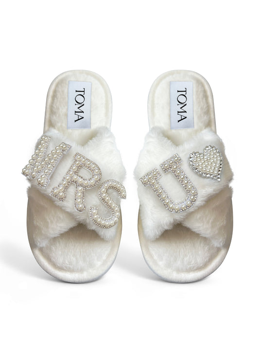 Bridal Faux Fur White Slippers Mrs U