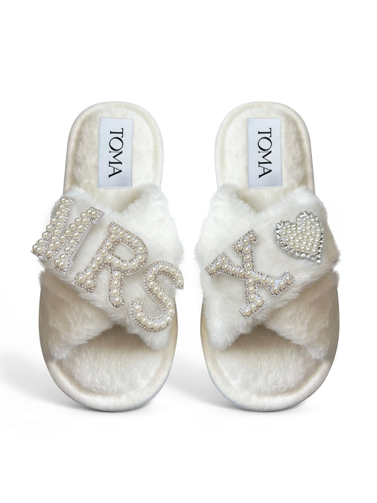 Bridal Faux Fur White Slippers Mrs X