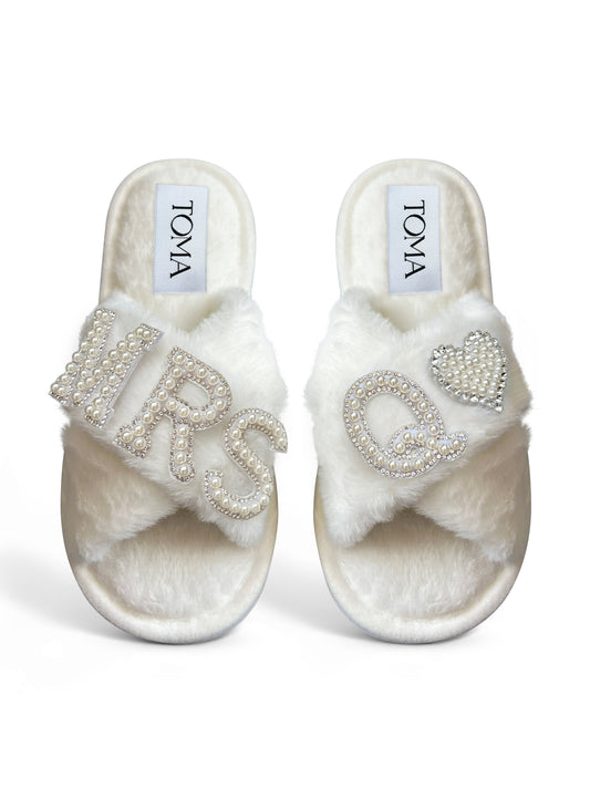 Bridal Faux Fur White Slippers Mrs Q