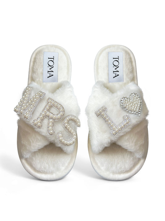 Bridal Faux Fur White Slippers Mrs L