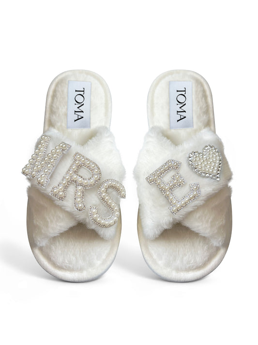 Bridal Faux Fur White Slippers Mrs E