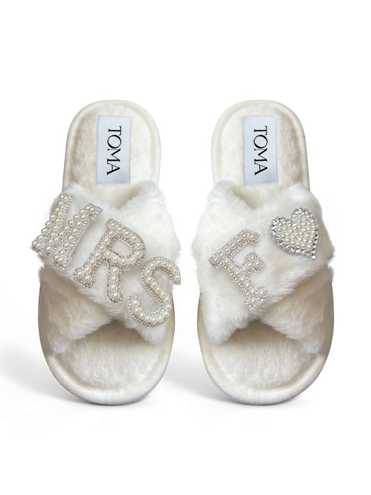 Bridal Faux Fur White Slippers Mrs F