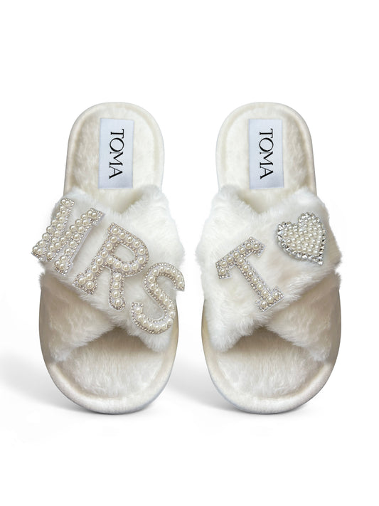 Bridal Faux Fur White Slippers Mrs T