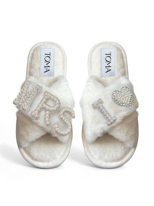 Bridal Faux Fur White Slippers Mrs I