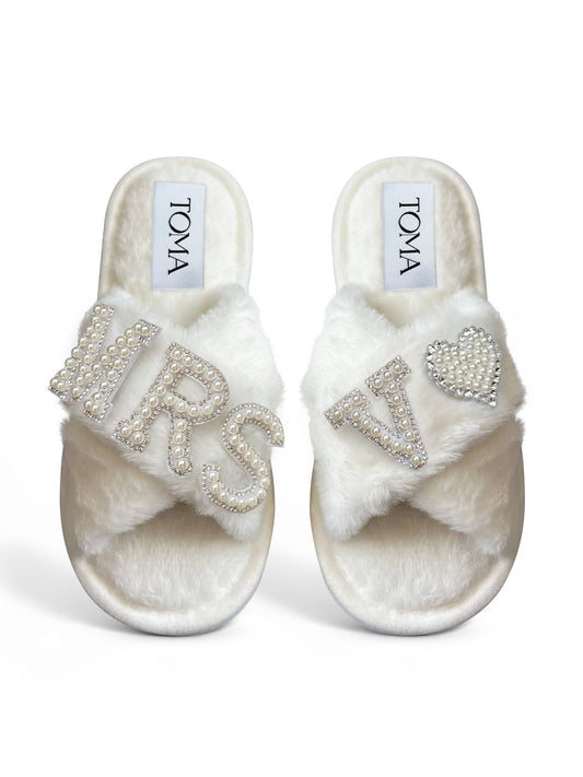 Bridal Faux Fur White Slippers Mrs V