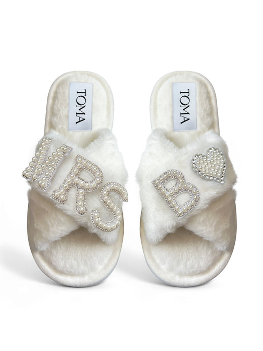 Bridal Faux Fur White Slippers Mrs B