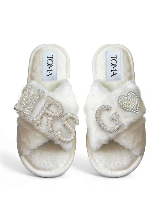 Bridal Faux Fur White Slippers Mrs G