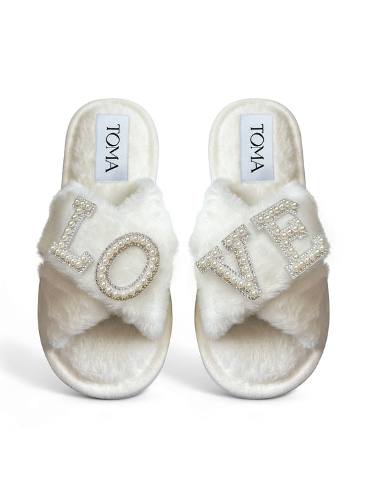 Bridal Faux Fur White Slippers "LOVE"