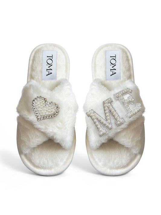 Bridal Faux Fur White Slippers "I Love Me"