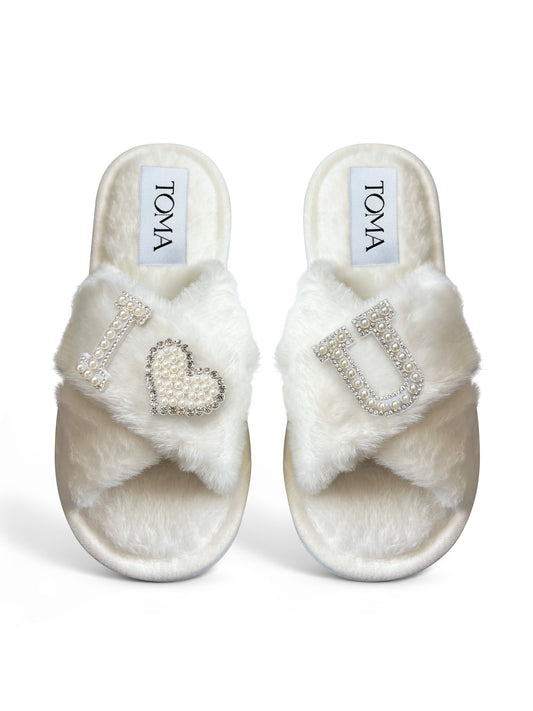 Bridal Faux Fur White Slippers "I Love U"