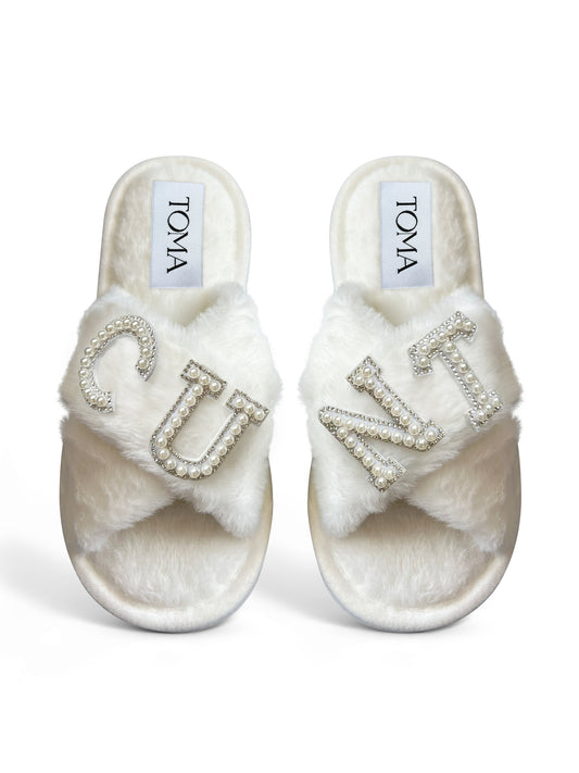 Bridal Faux Fur White Slippers "C*NT"