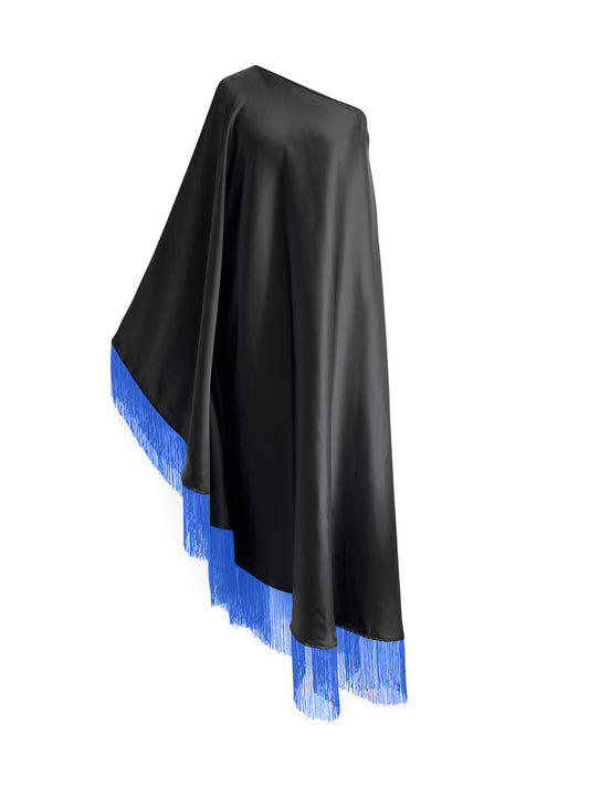 Blue Fringe Off Shoulder Black Midi Dress