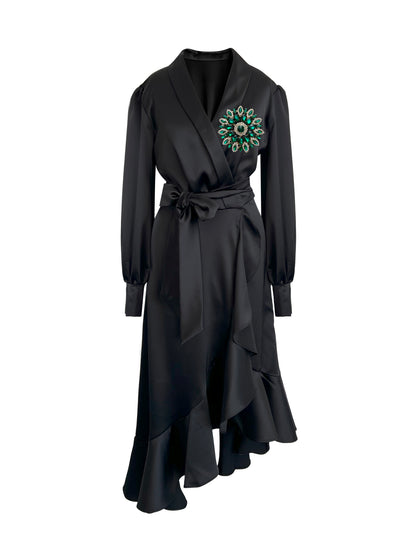 Black Clarice Midi Wrap Dress With Green Swarovski Crystals