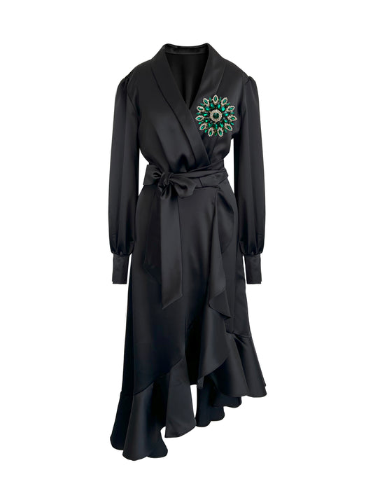 Black Clarice Midi Wrap Dress With Green Swarovski Crystals