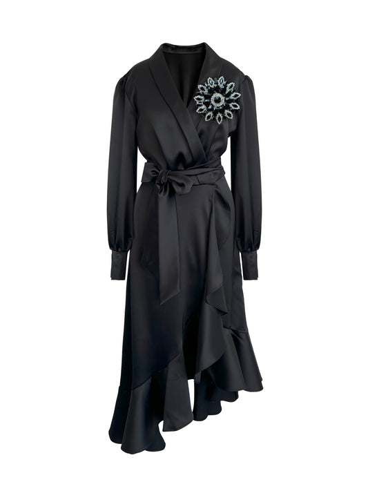 Black Clarice Midi Wrap Dress With Black Swarovski Crystals