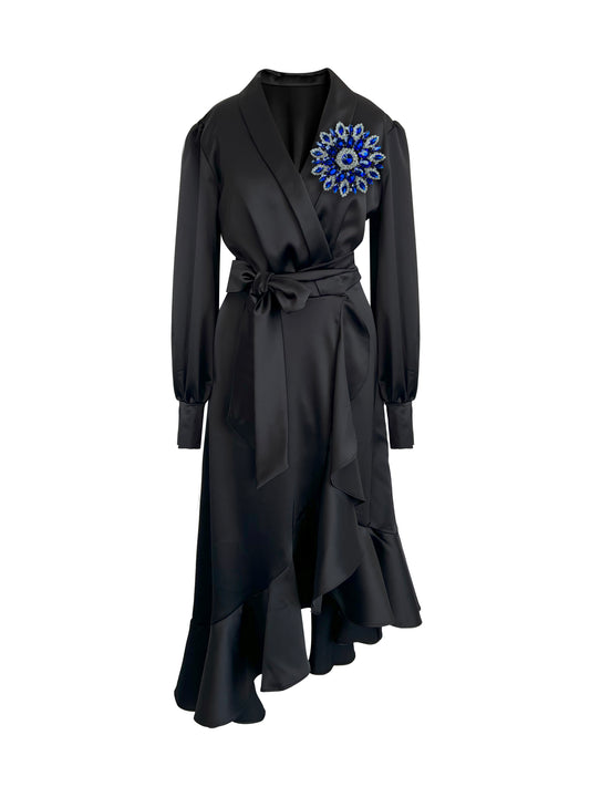 Black Clarice Midi Wrap Dress With Blue Swarovski Crystals