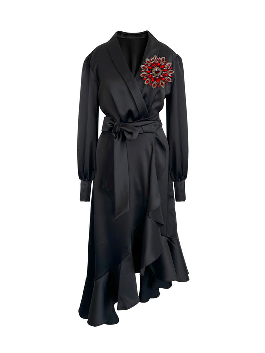Black Clarice Midi Wrap Dress With Red Swarovski Crystals
