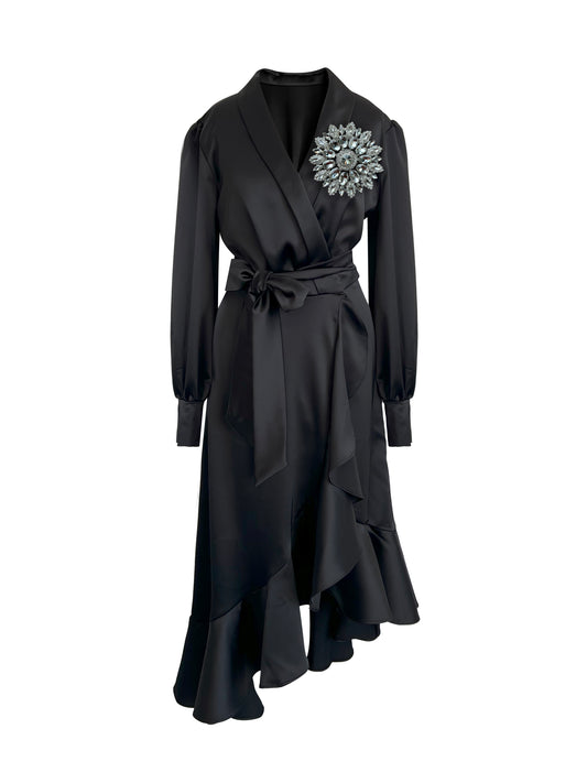 Black Clarice Midi Wrap Dress With Silver Swarovski Crystals