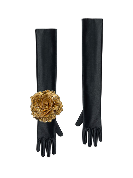 Black Evening Chic Gloves With Gold Sequin Rose