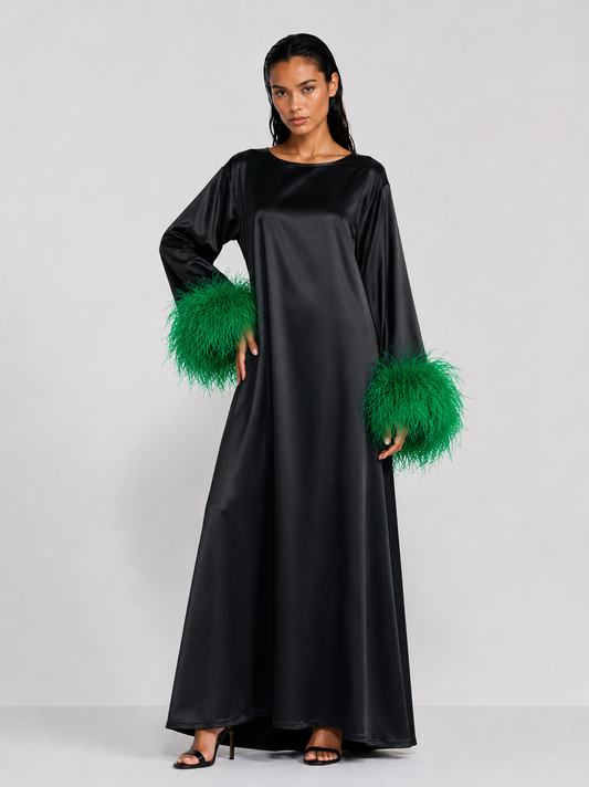 Jess Maxi Black Dress With Green Feathers