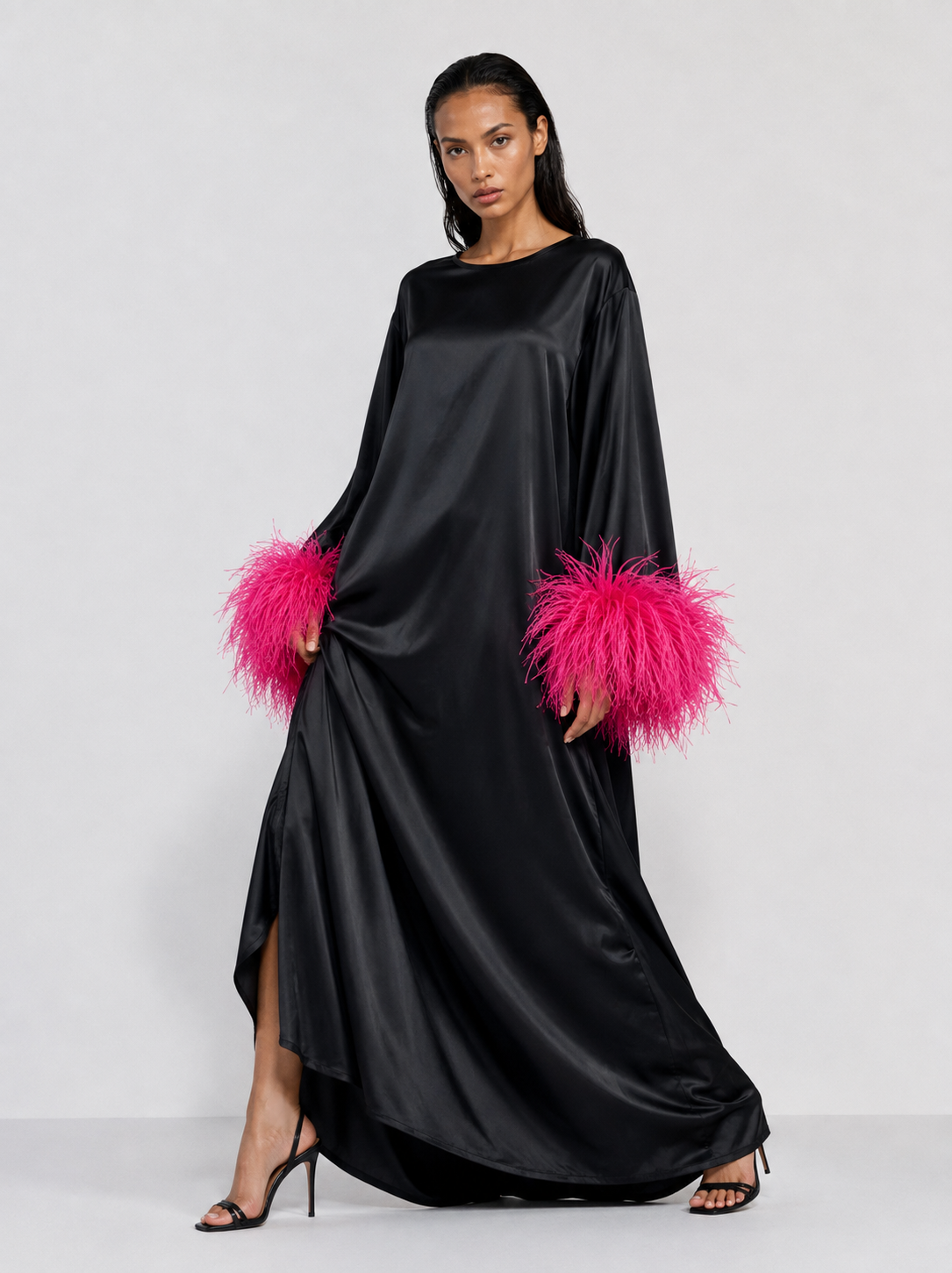 Jess Maxi Black Dress With Pink Feathers