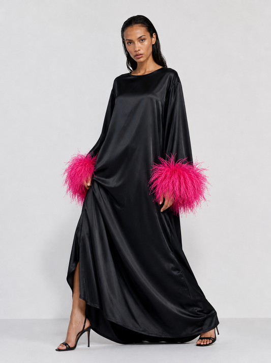 Jess Maxi Black Dress With Pink Feathers