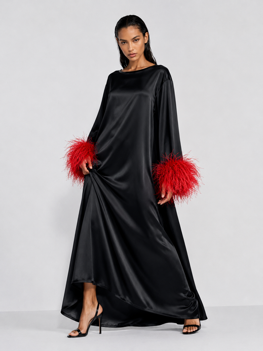 Jess Maxi Black Dress With Red Feathers