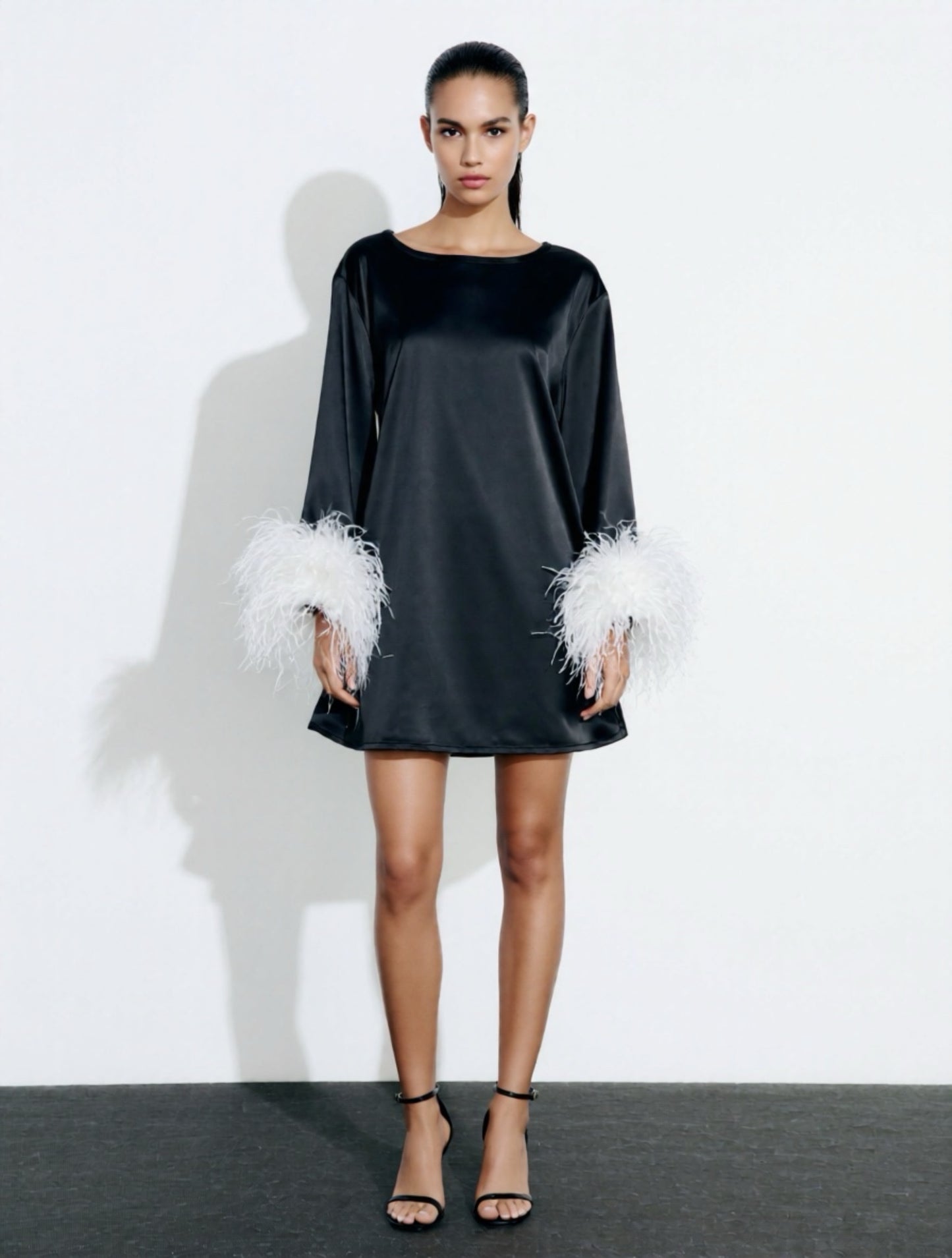 Jess Mini Little Black Party Dress With White Feathers