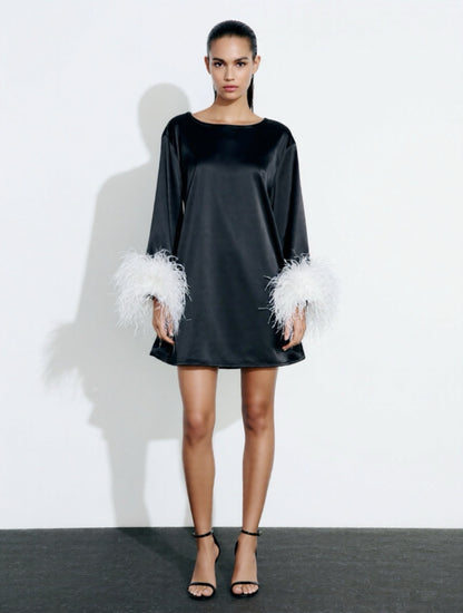 Jess Mini Little Black Party Dress With White Feathers