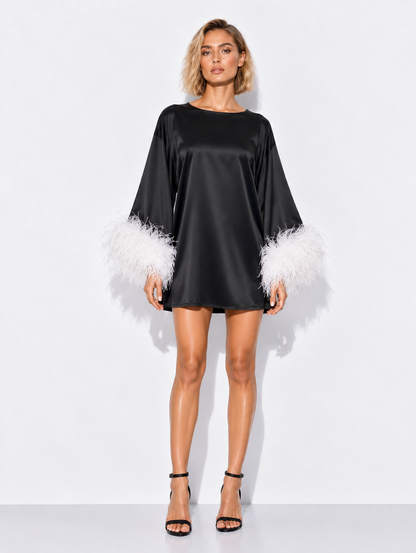 Jess Mini Little Black Party Dress With White Feathers