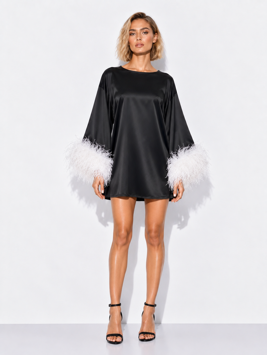 Jess Mini Little Black Party Dress With White Feathers