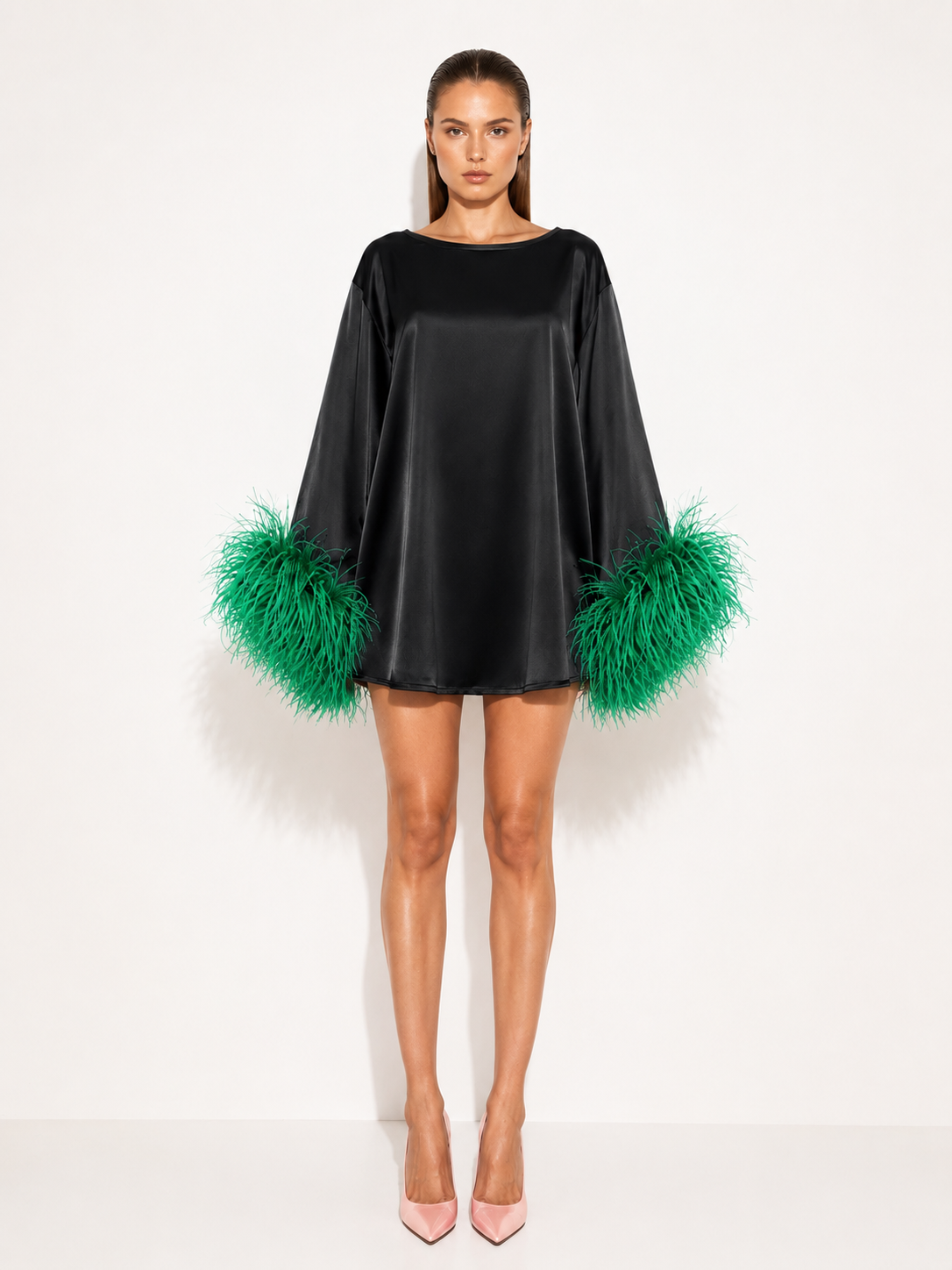 Jess Mini Little Black Party Dress With Green Feathers