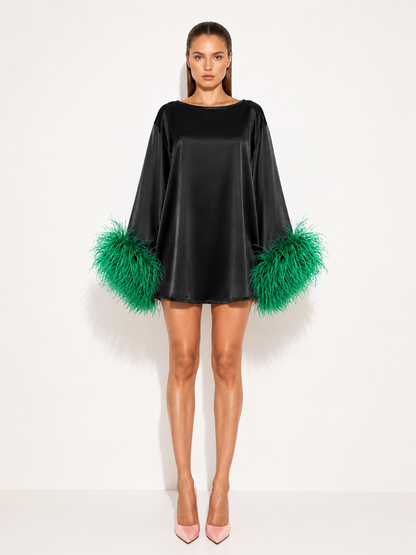 Jess Mini Little Black Party Dress With Green Feathers